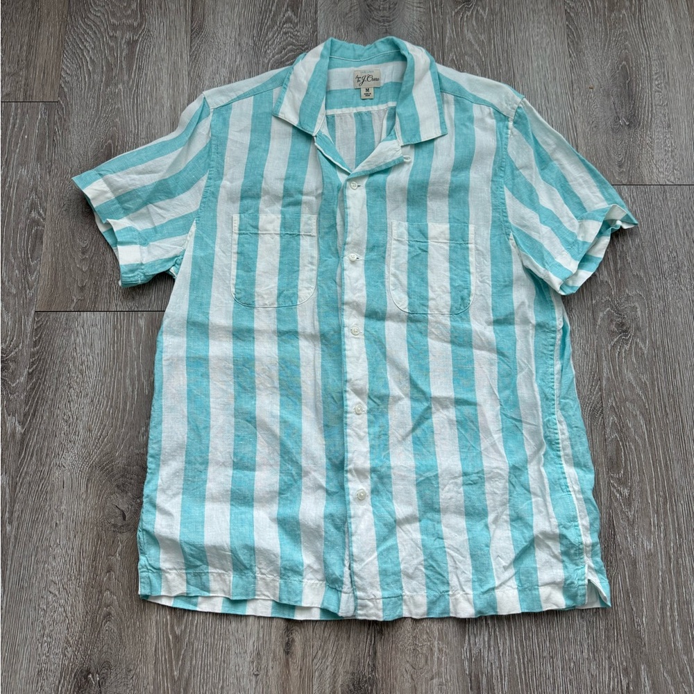 J. Crew Aqua and White Striped Linen Shirt